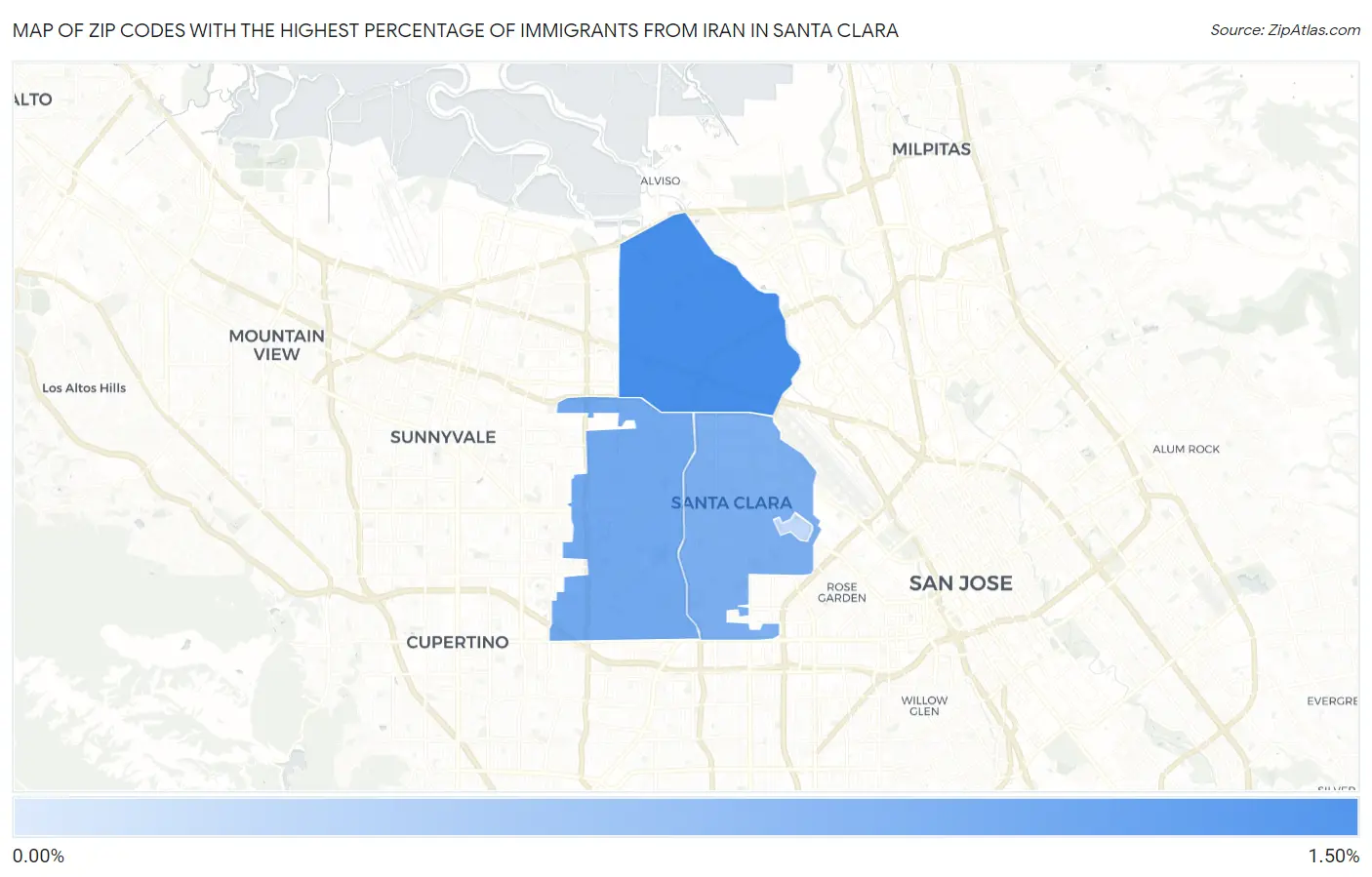 Zip Codes with the Highest Percentage of Immigrants from Iran in Santa Clara Map