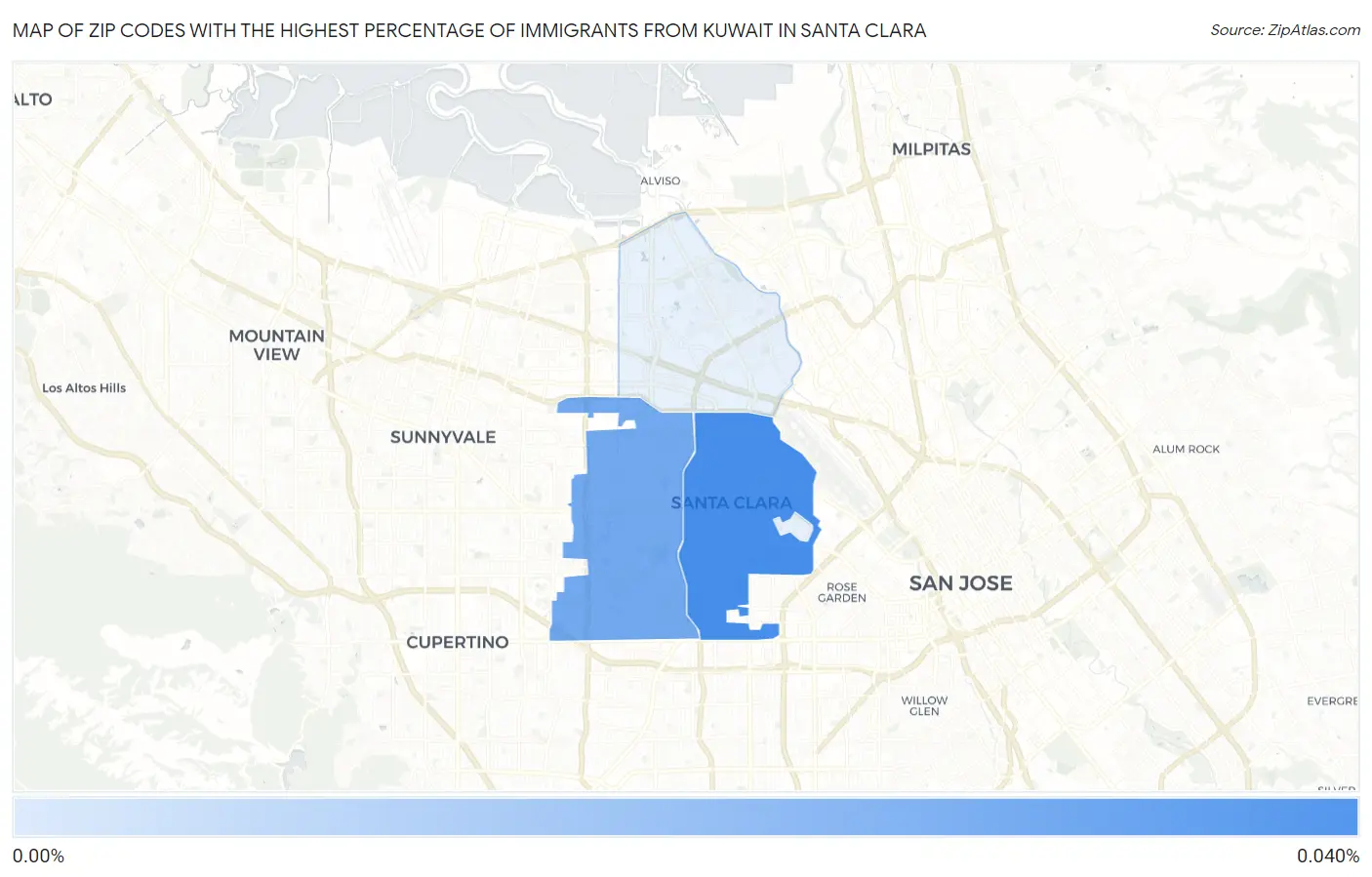Zip Codes with the Highest Percentage of Immigrants from Kuwait in Santa Clara Map
