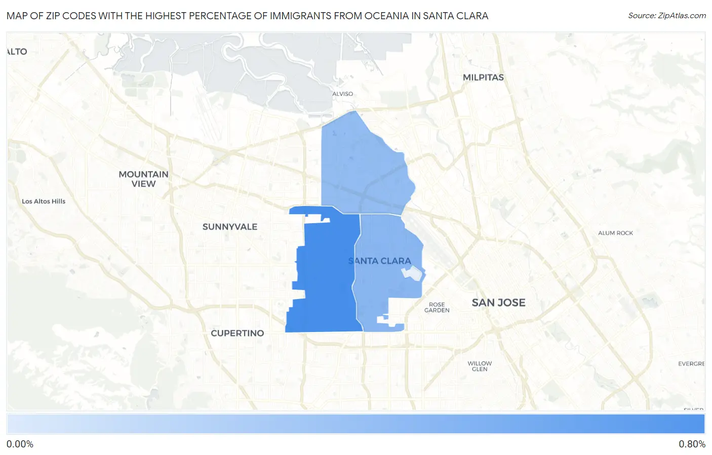 Zip Codes with the Highest Percentage of Immigrants from Oceania in Santa Clara Map