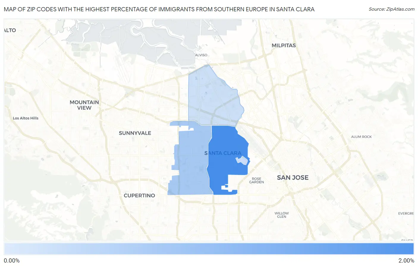 Zip Codes with the Highest Percentage of Immigrants from Southern Europe in Santa Clara Map