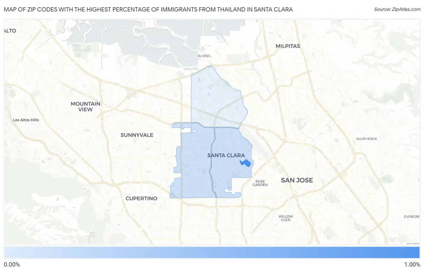 Zip Codes with the Highest Percentage of Immigrants from Thailand in Santa Clara Map