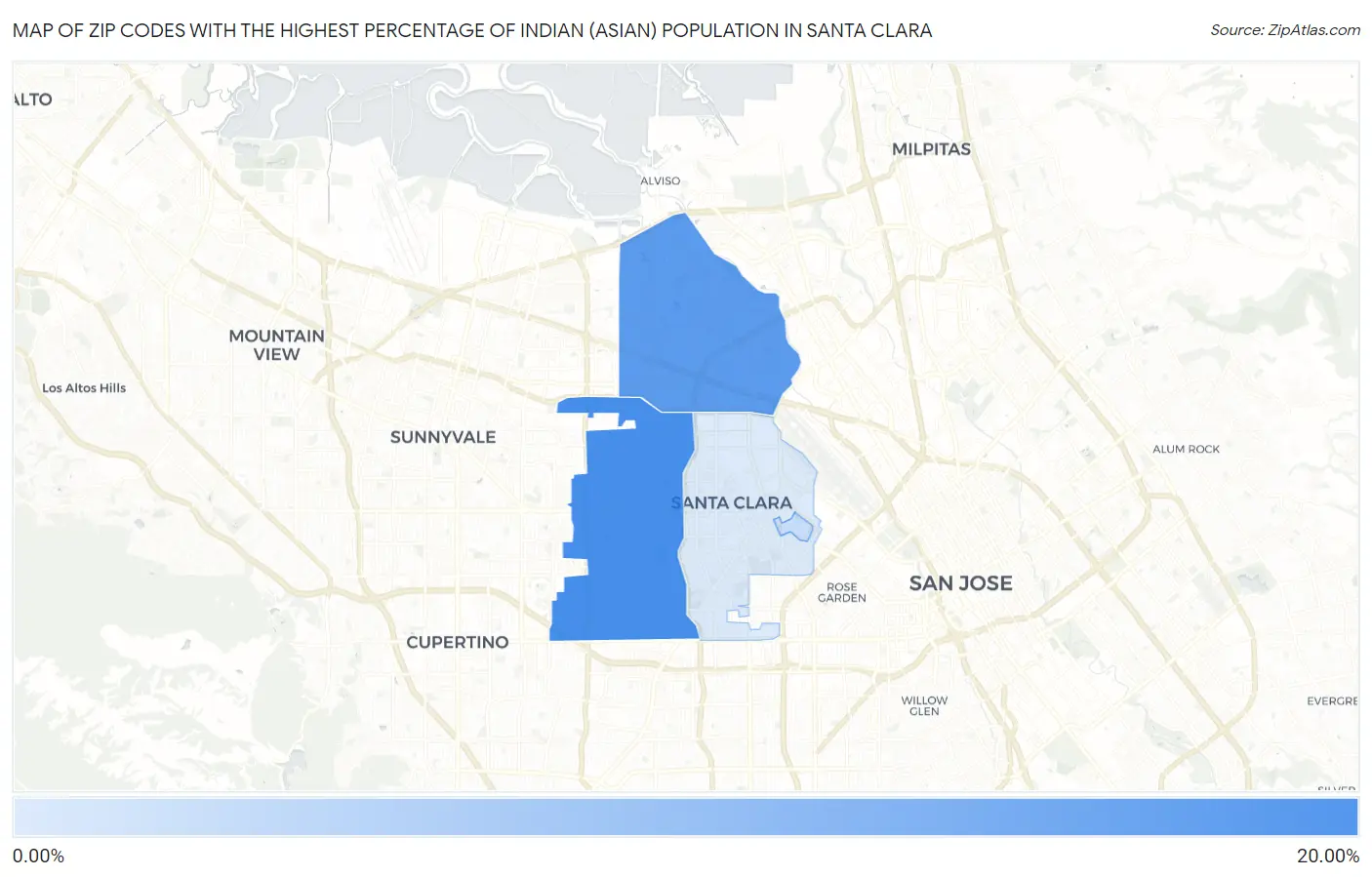 Zip Codes with the Highest Percentage of Indian (Asian) Population in Santa Clara Map
