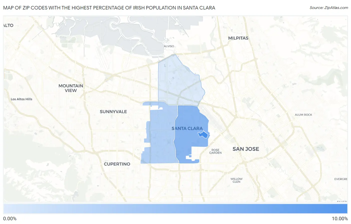 Zip Codes with the Highest Percentage of Irish Population in Santa Clara Map
