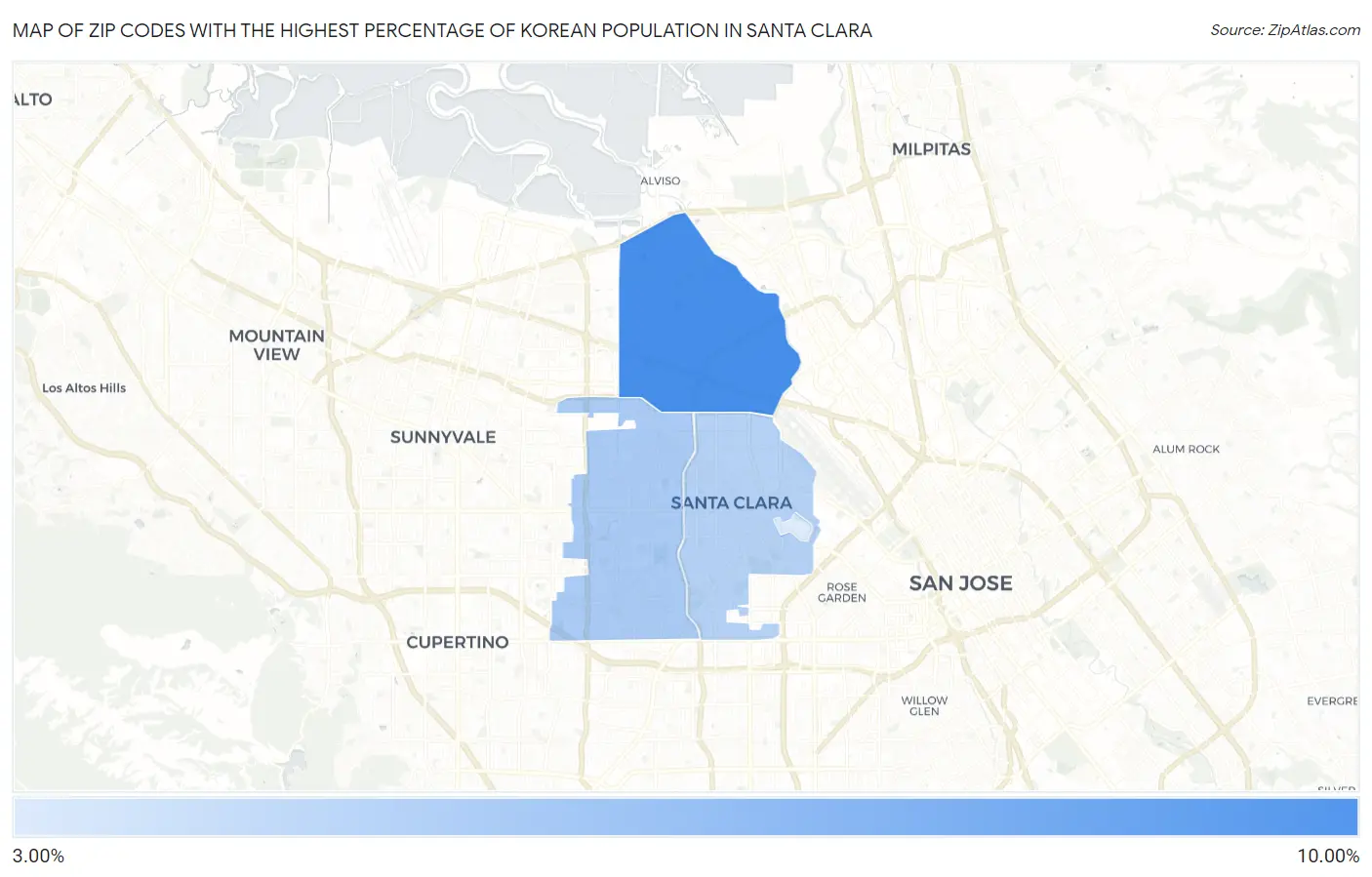 Zip Codes with the Highest Percentage of Korean Population in Santa Clara Map
