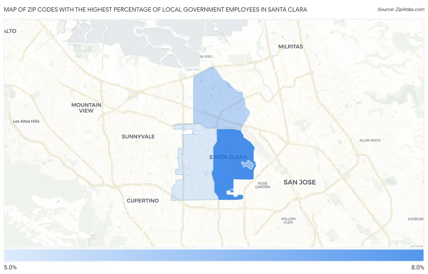 Zip Codes with the Highest Percentage of Local Government Employees in Santa Clara Map