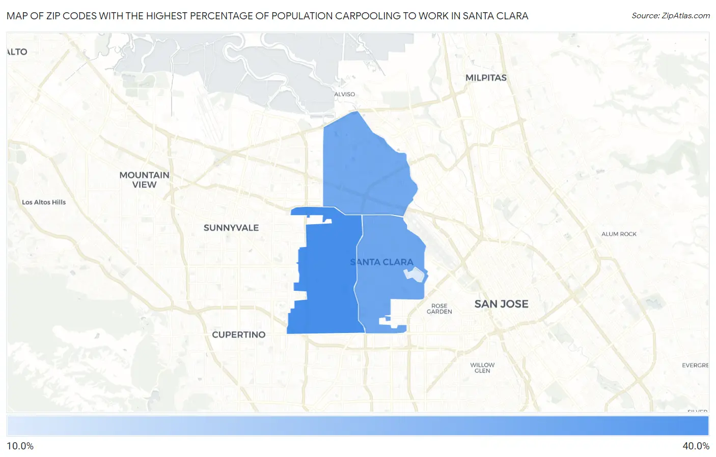 Zip Codes with the Highest Percentage of Population Carpooling to Work in Santa Clara Map
