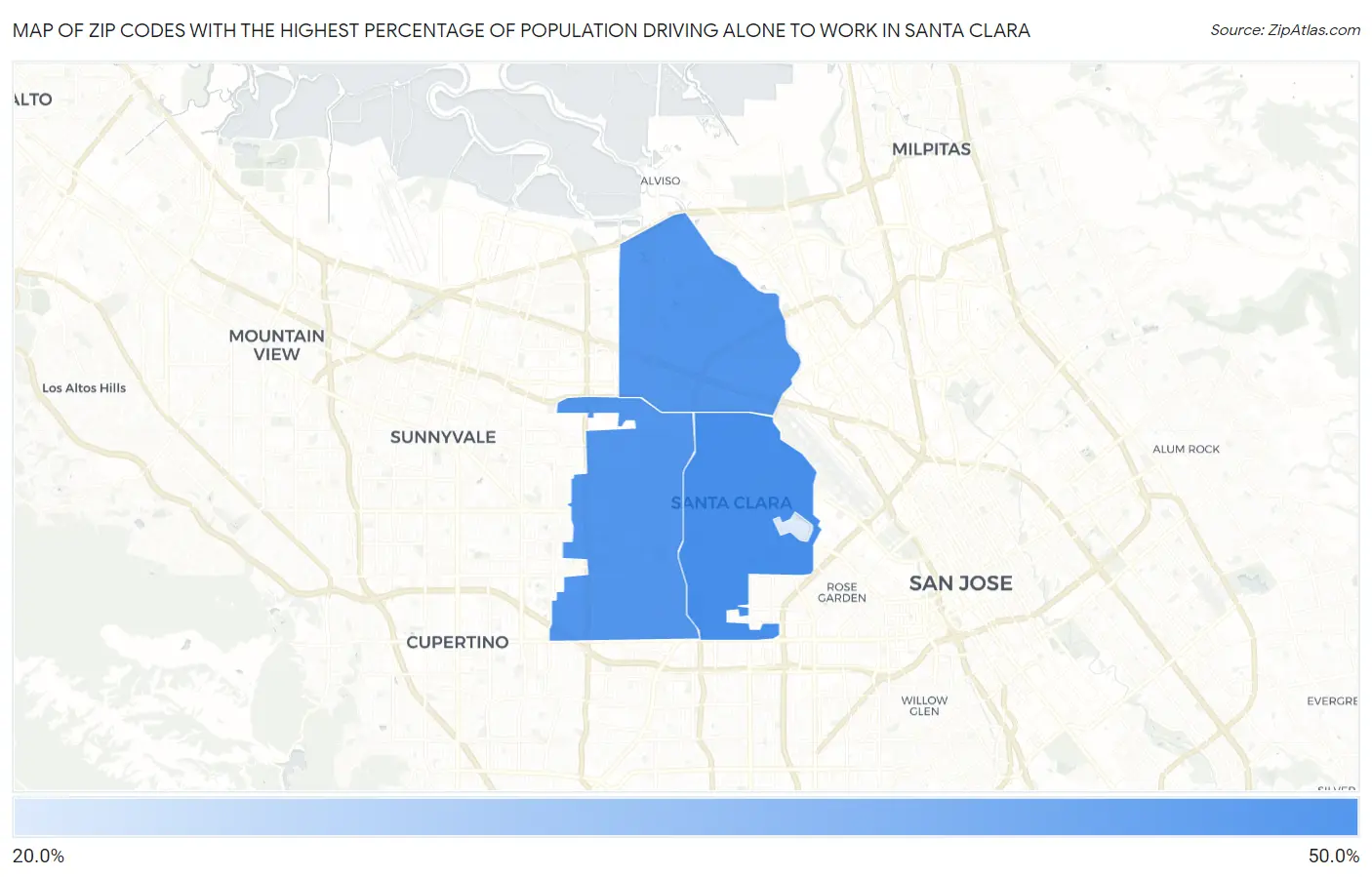 Zip Codes with the Highest Percentage of Population Driving Alone to Work in Santa Clara Map