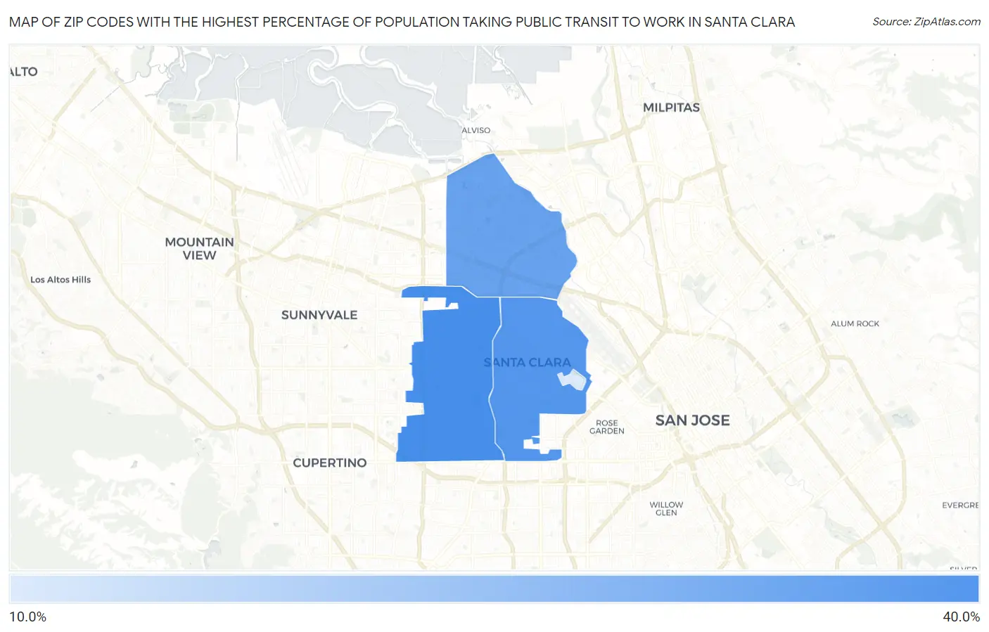 Zip Codes with the Highest Percentage of Population Taking Public Transit to Work in Santa Clara Map