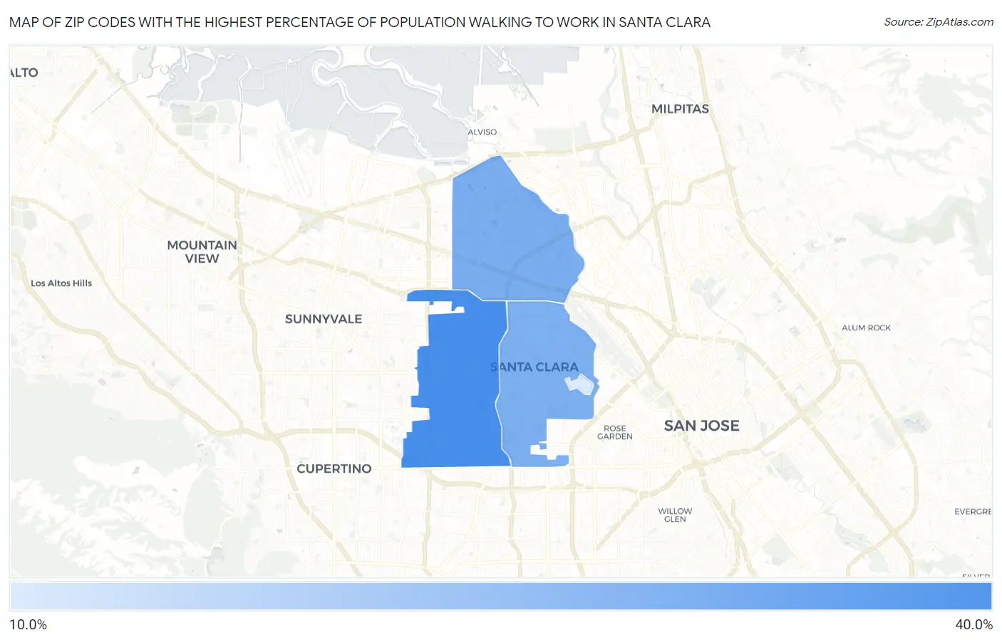 Zip Codes with the Highest Percentage of Population Walking to Work in Santa Clara Map