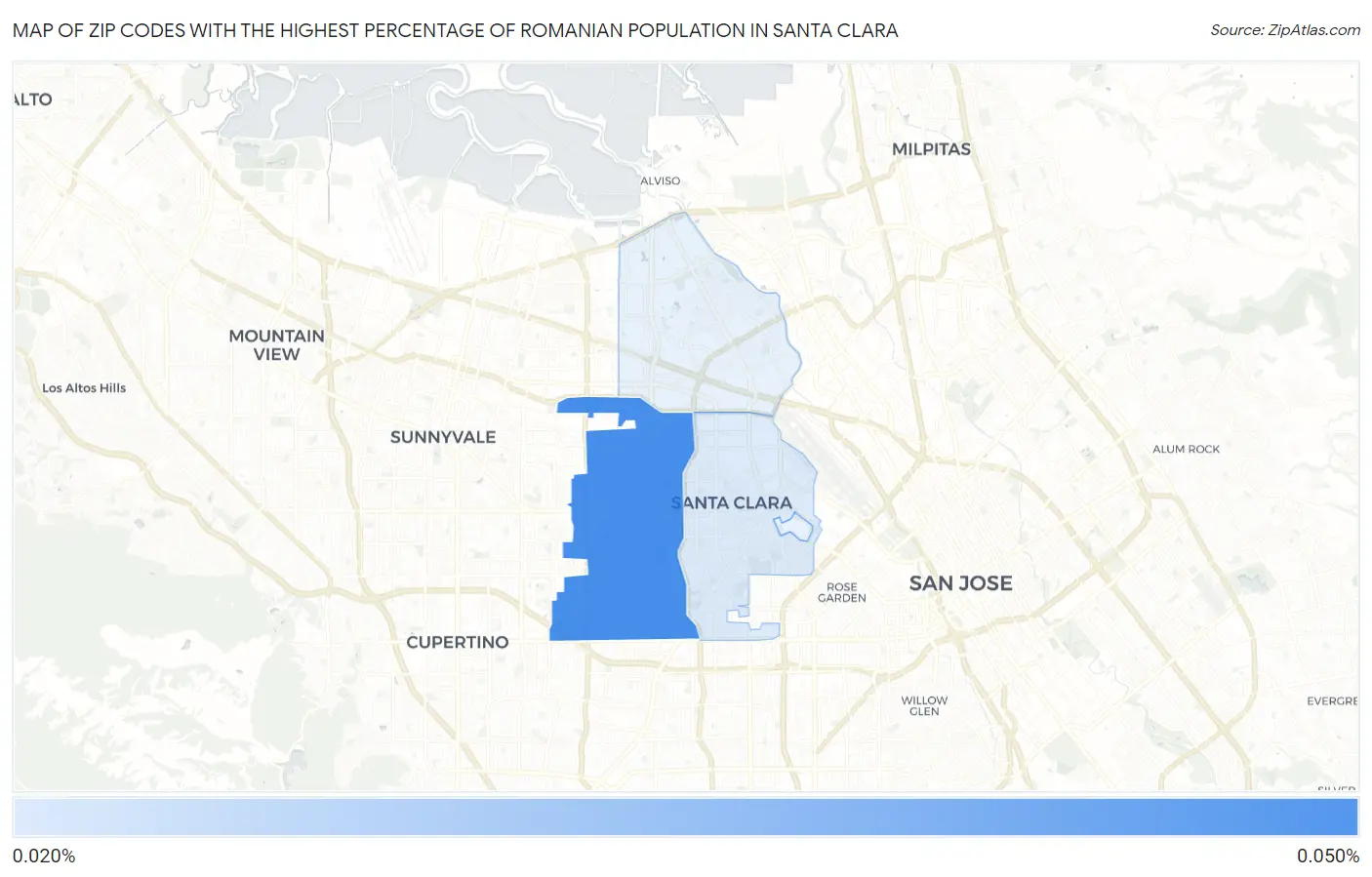 Zip Codes with the Highest Percentage of Romanian Population in Santa Clara Map