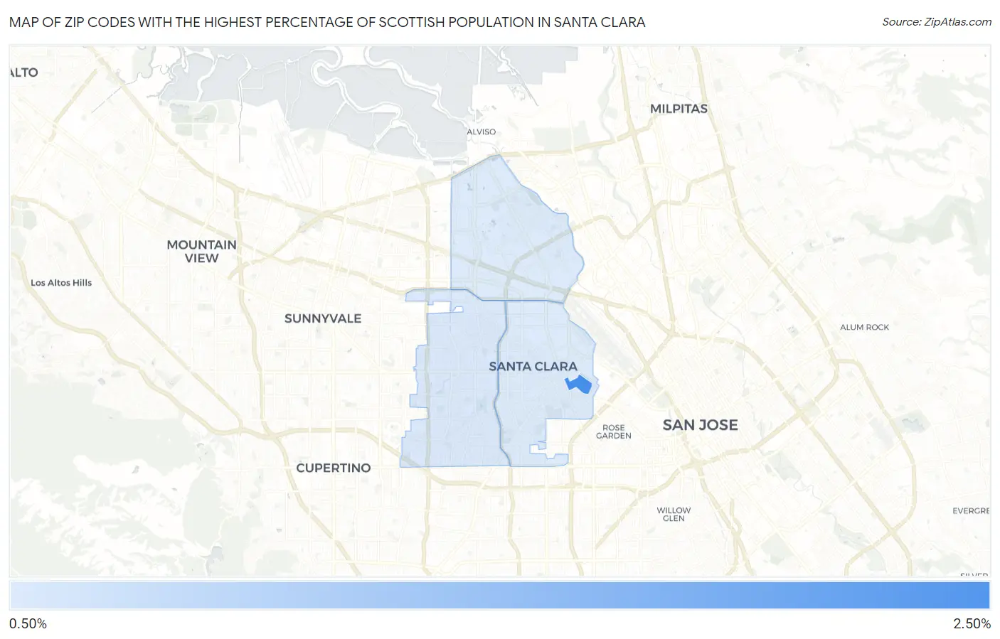 Zip Codes with the Highest Percentage of Scottish Population in Santa Clara Map