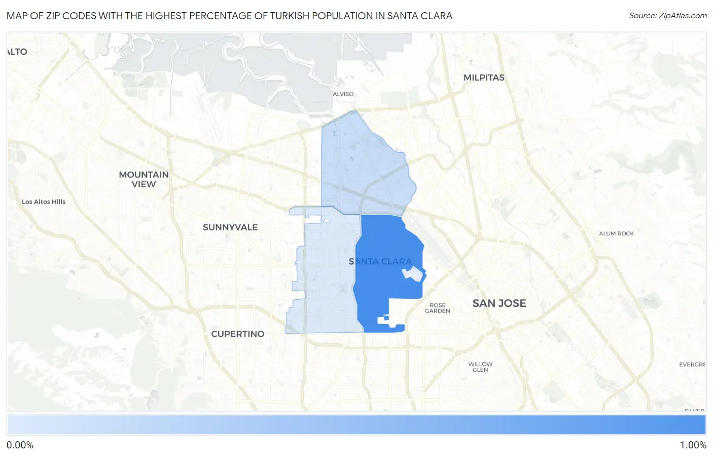Zip Codes with the Highest Percentage of Turkish Population in Santa Clara Map