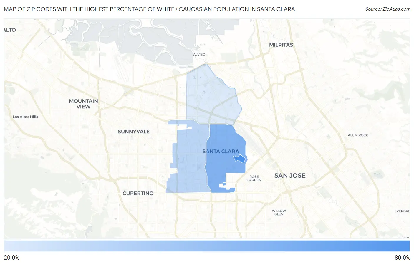 Zip Codes with the Highest Percentage of White / Caucasian Population in Santa Clara Map