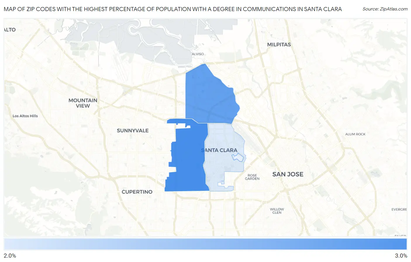 Zip Codes with the Highest Percentage of Population with a Degree in Communications in Santa Clara Map
