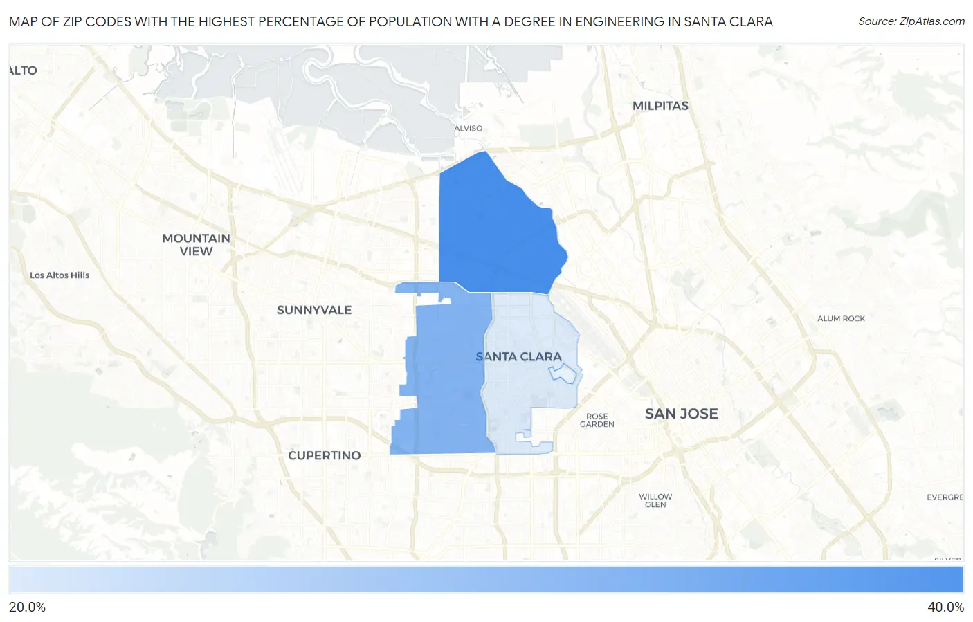 Zip Codes with the Highest Percentage of Population with a Degree in Engineering in Santa Clara Map