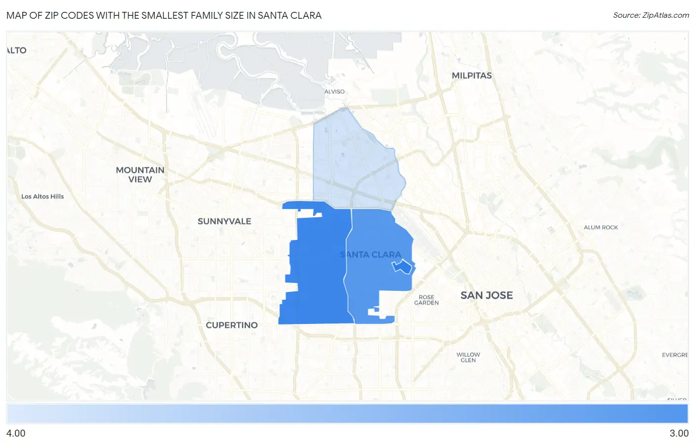 Zip Codes with the Smallest Family Size in Santa Clara Map
