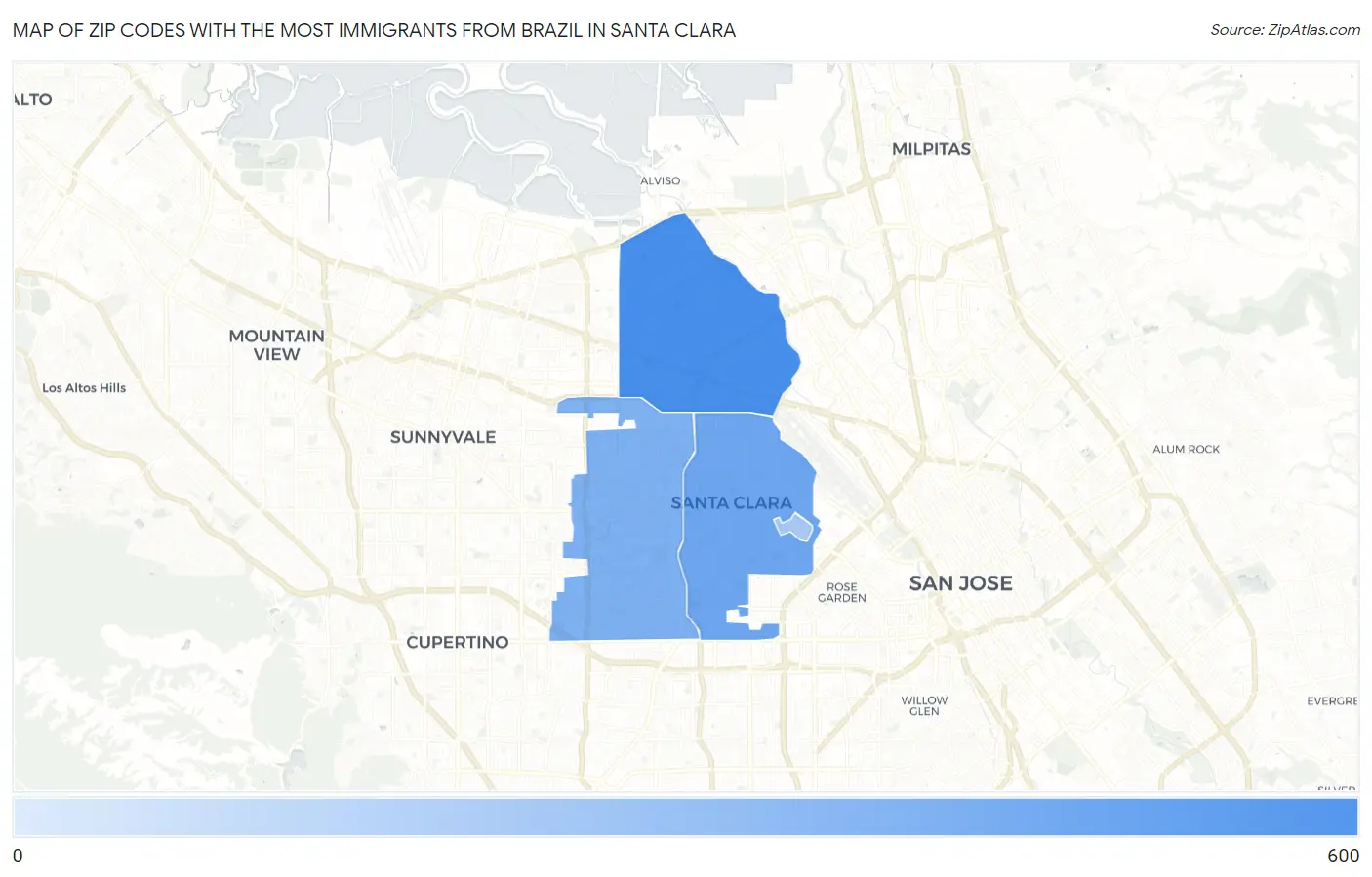 Zip Codes with the Most Immigrants from Brazil in Santa Clara Map