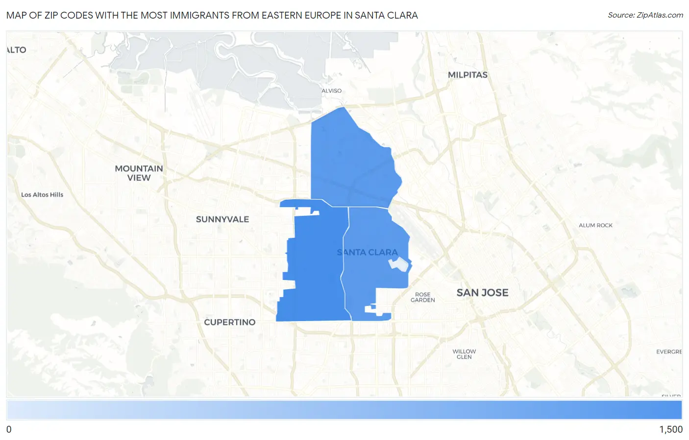 Zip Codes with the Most Immigrants from Eastern Europe in Santa Clara Map
