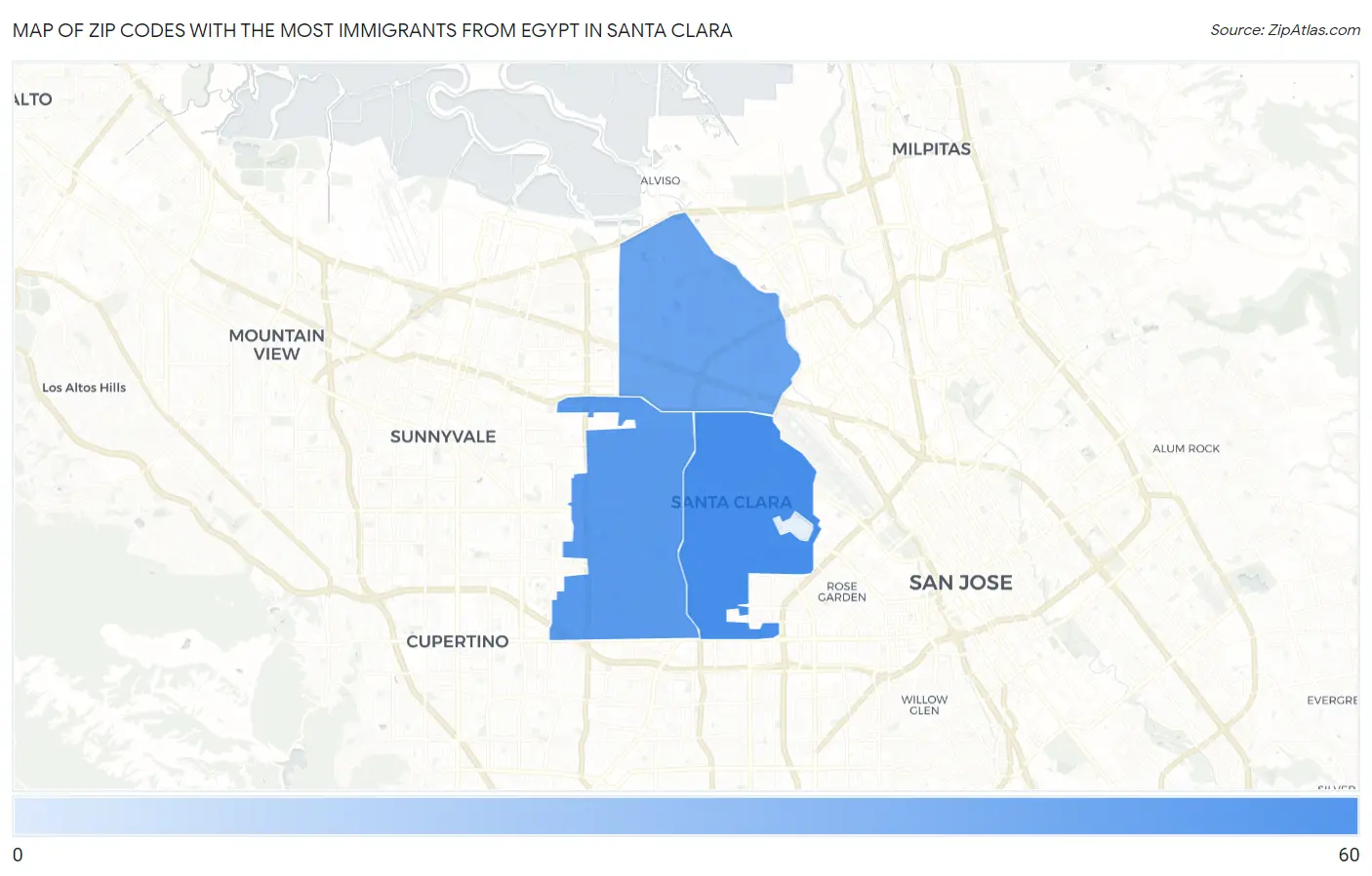 Zip Codes with the Most Immigrants from Egypt in Santa Clara Map