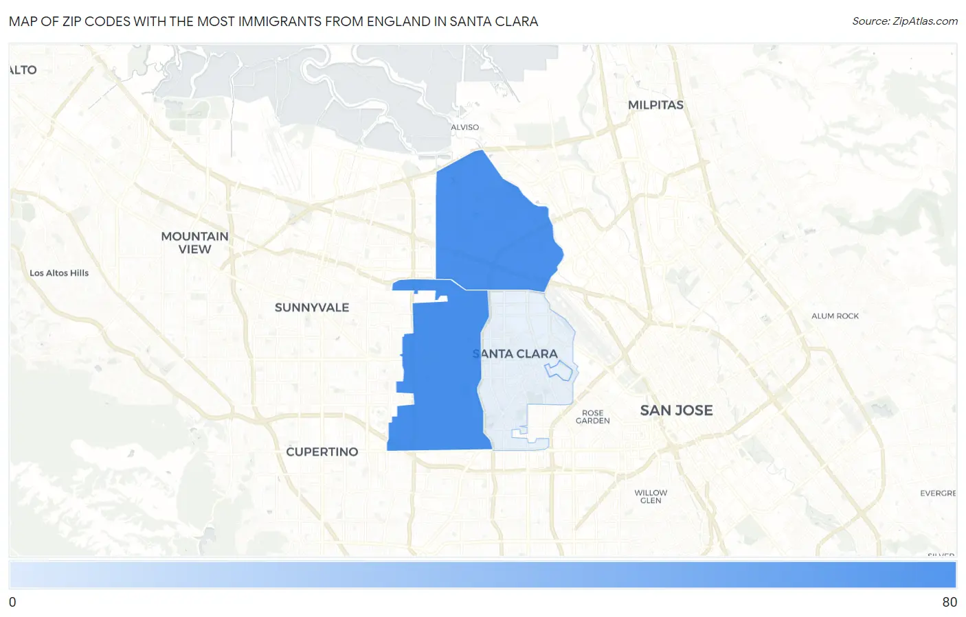 Zip Codes with the Most Immigrants from England in Santa Clara Map
