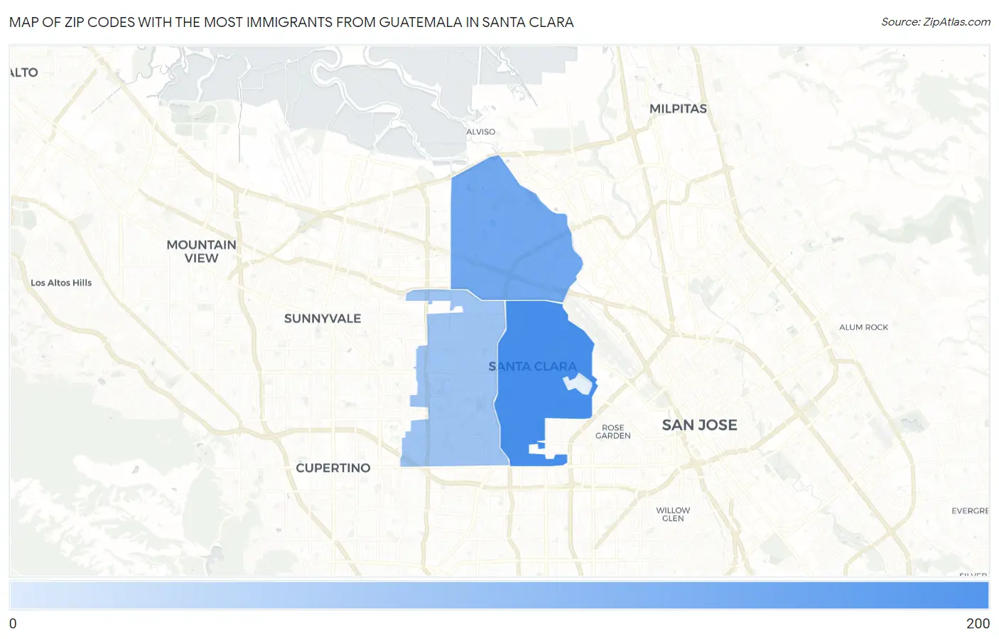 Zip Codes with the Most Immigrants from Guatemala in Santa Clara Map