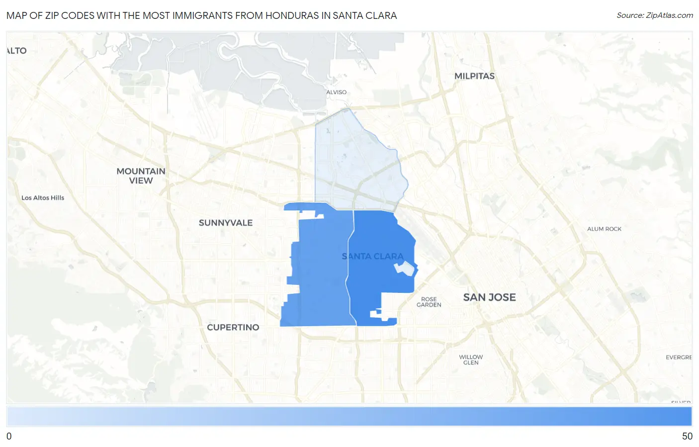Zip Codes with the Most Immigrants from Honduras in Santa Clara Map