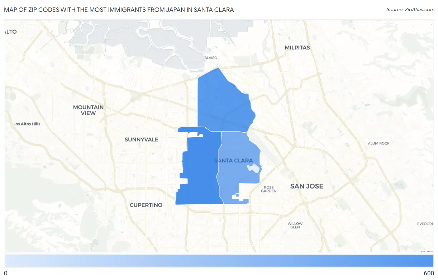 Zip Codes with the Most Immigrants from Japan in Santa Clara Map