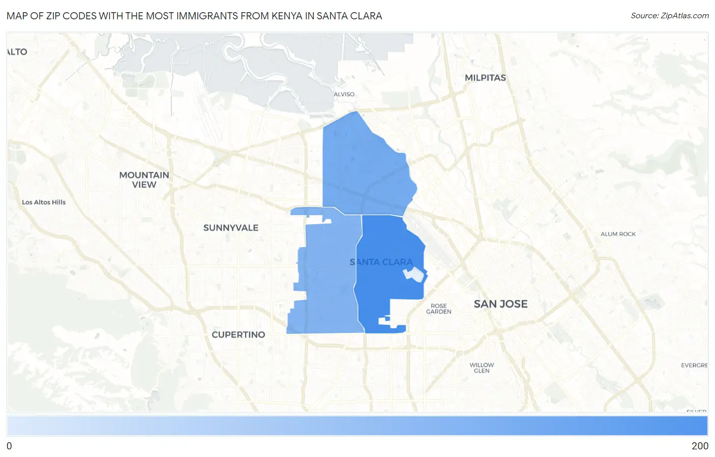 Zip Codes with the Most Immigrants from Kenya in Santa Clara Map