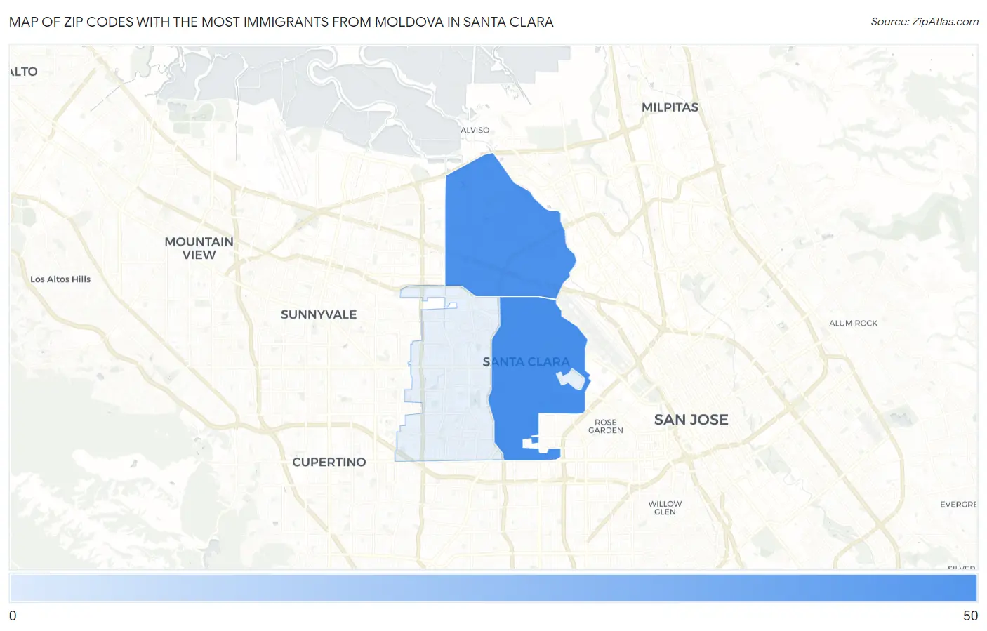 Zip Codes with the Most Immigrants from Moldova in Santa Clara Map