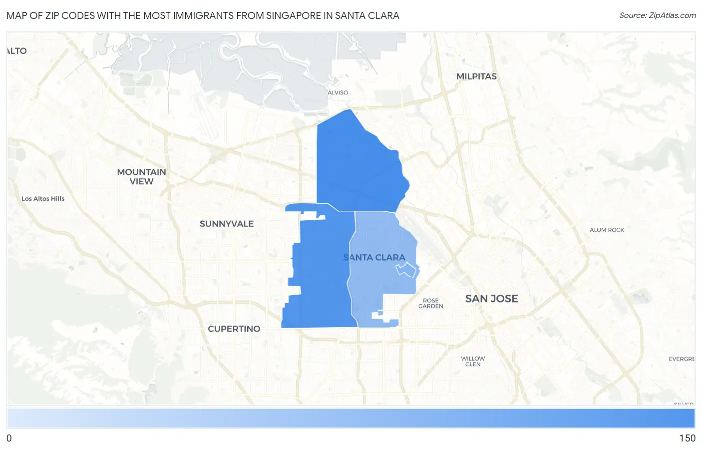 Zip Codes with the Most Immigrants from Singapore in Santa Clara Map