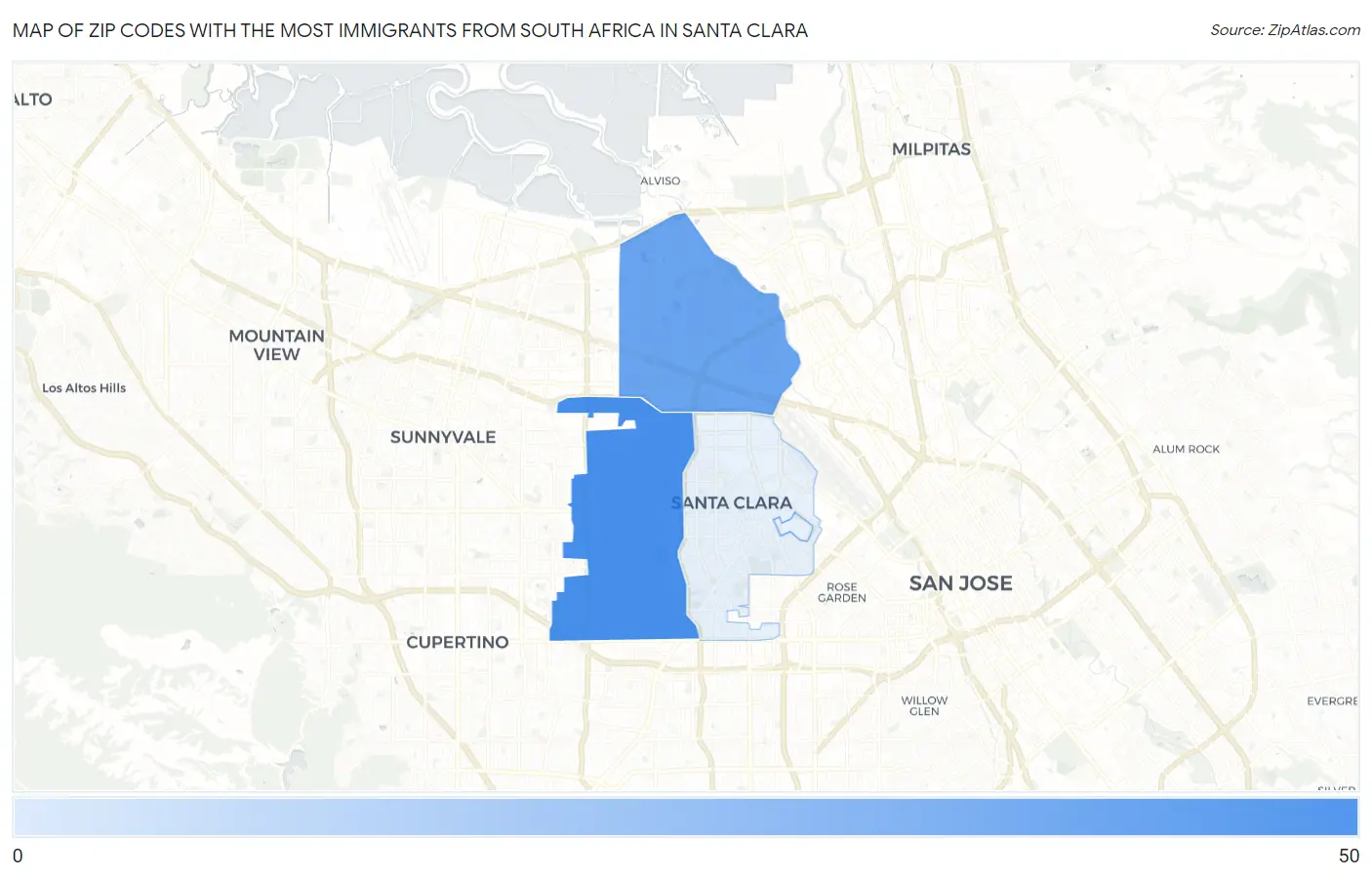 Zip Codes with the Most Immigrants from South Africa in Santa Clara Map