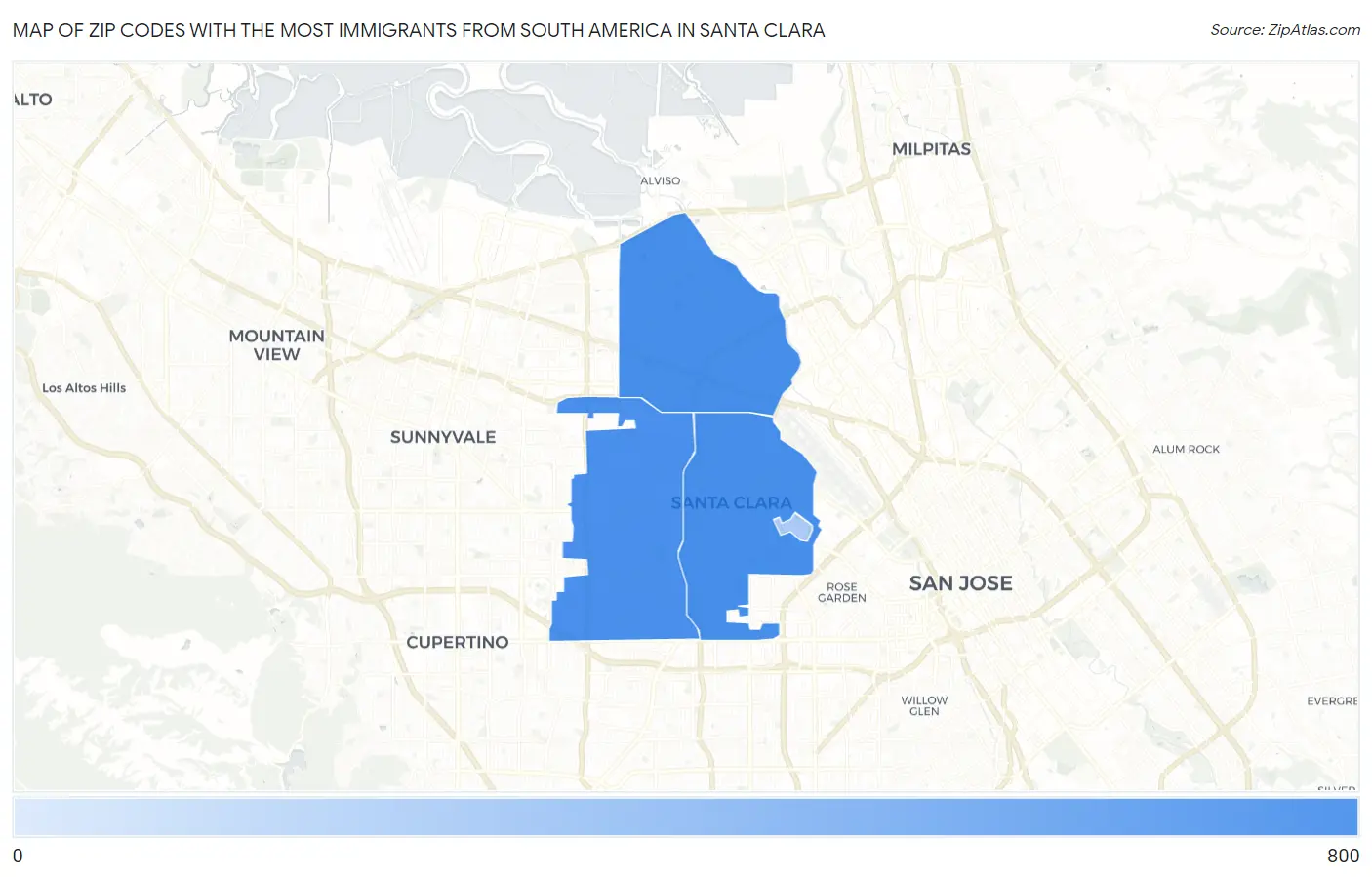 Zip Codes with the Most Immigrants from South America in Santa Clara Map