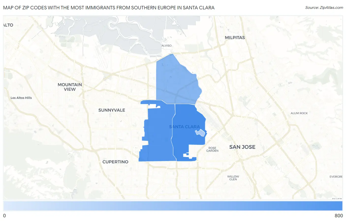 Zip Codes with the Most Immigrants from Southern Europe in Santa Clara Map
