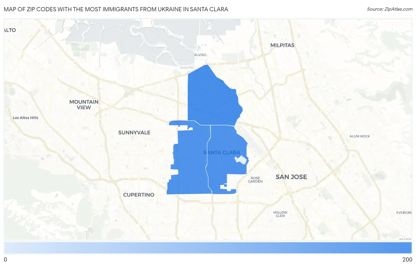 Zip Codes with the Most Immigrants from Ukraine in Santa Clara Map