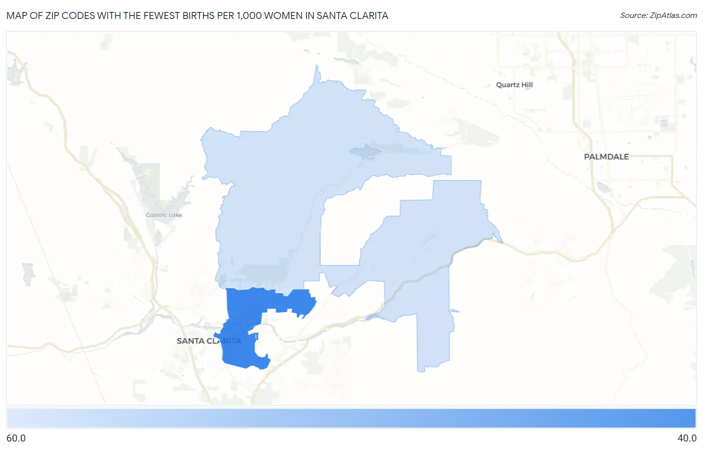 Zip Codes with the Fewest Births per 1,000 Women in Santa Clarita Map