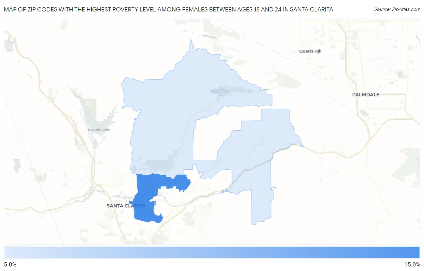 Zip Codes with the Highest Poverty Level Among Females Between Ages 18 and 24 in Santa Clarita Map