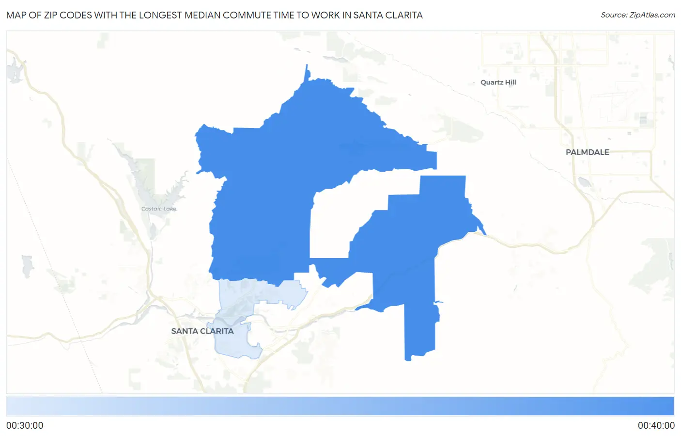 Zip Codes with the Longest Median Commute Time to Work in Santa Clarita Map