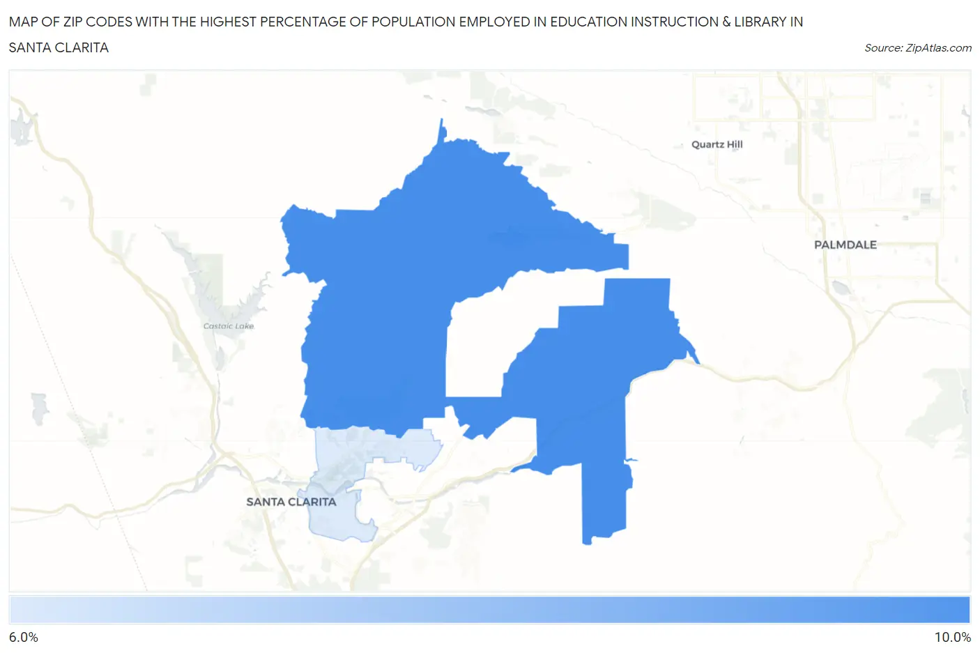 Zip Codes with the Highest Percentage of Population Employed in Education Instruction & Library in Santa Clarita Map