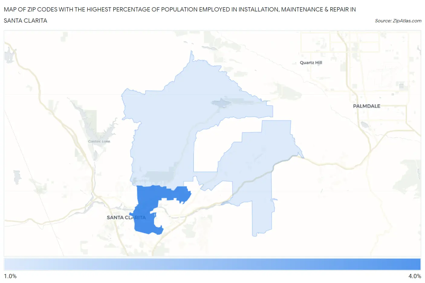 Zip Codes with the Highest Percentage of Population Employed in Installation, Maintenance & Repair in Santa Clarita Map