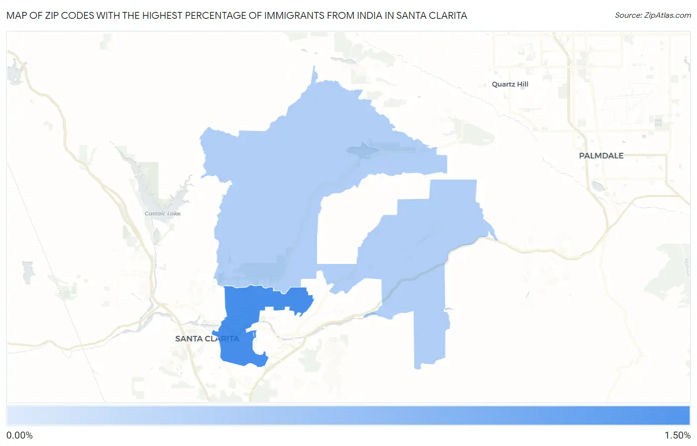 Zip Codes with the Highest Percentage of Immigrants from India in Santa Clarita Map