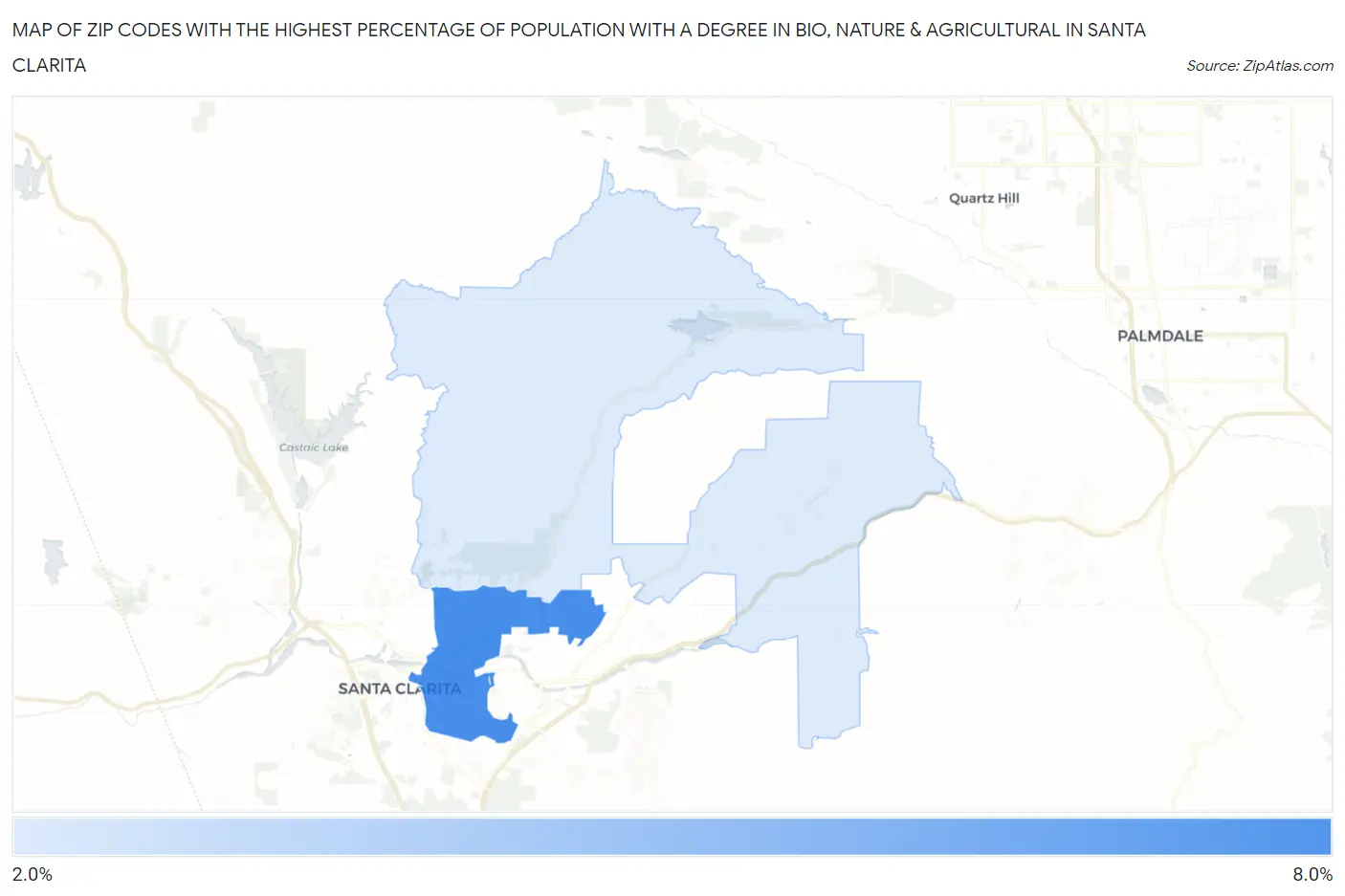 Zip Codes with the Highest Percentage of Population with a Degree in Bio, Nature & Agricultural in Santa Clarita Map