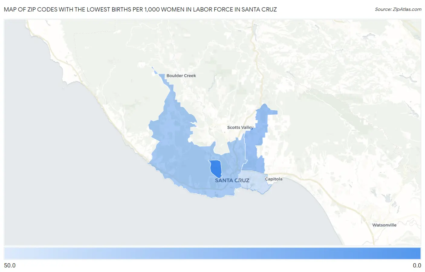 Zip Codes with the Lowest Births per 1,000 Women in Labor Force in Santa Cruz Map