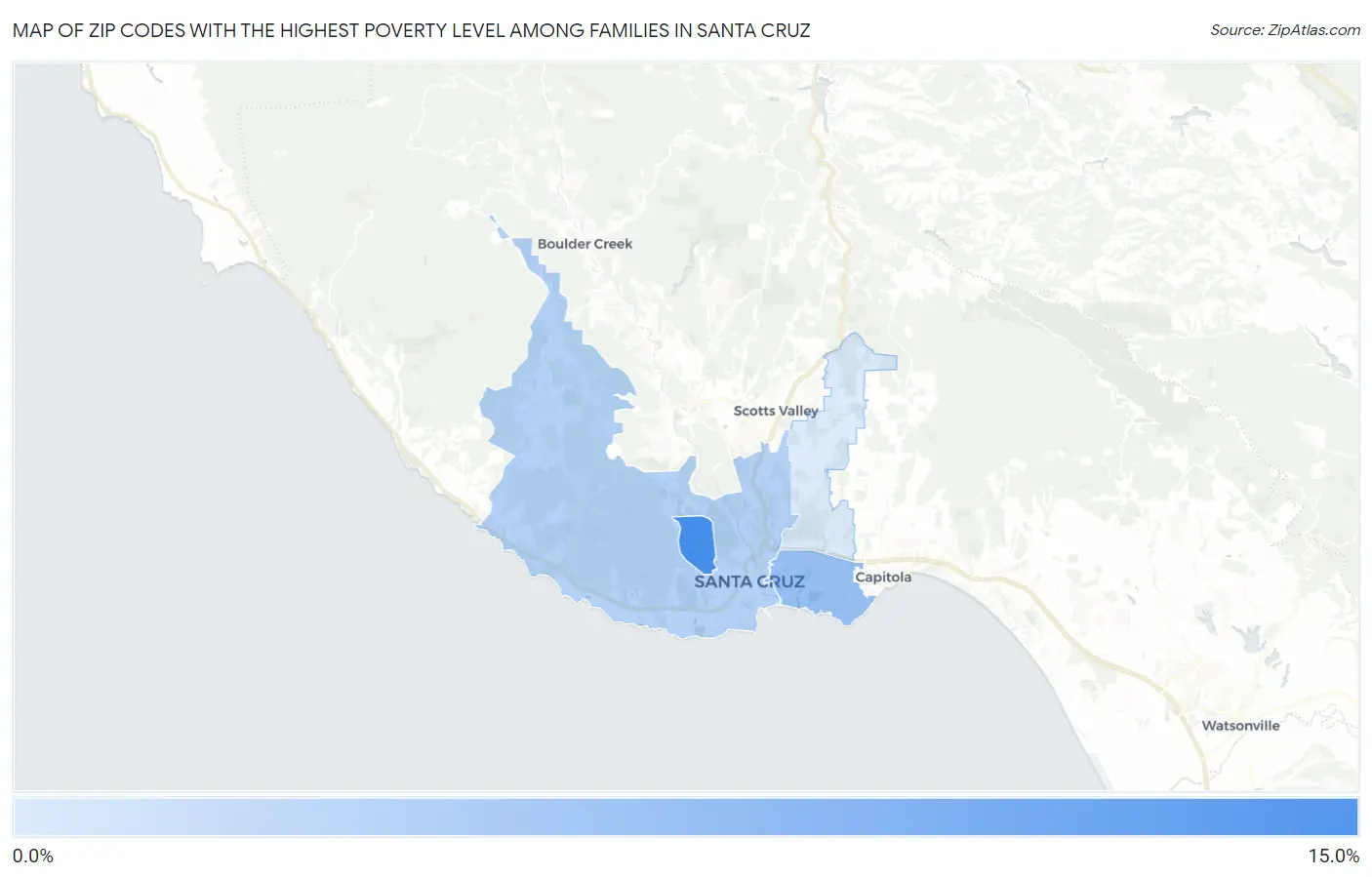 Zip Codes with the Highest Poverty Level Among Families in Santa Cruz Map