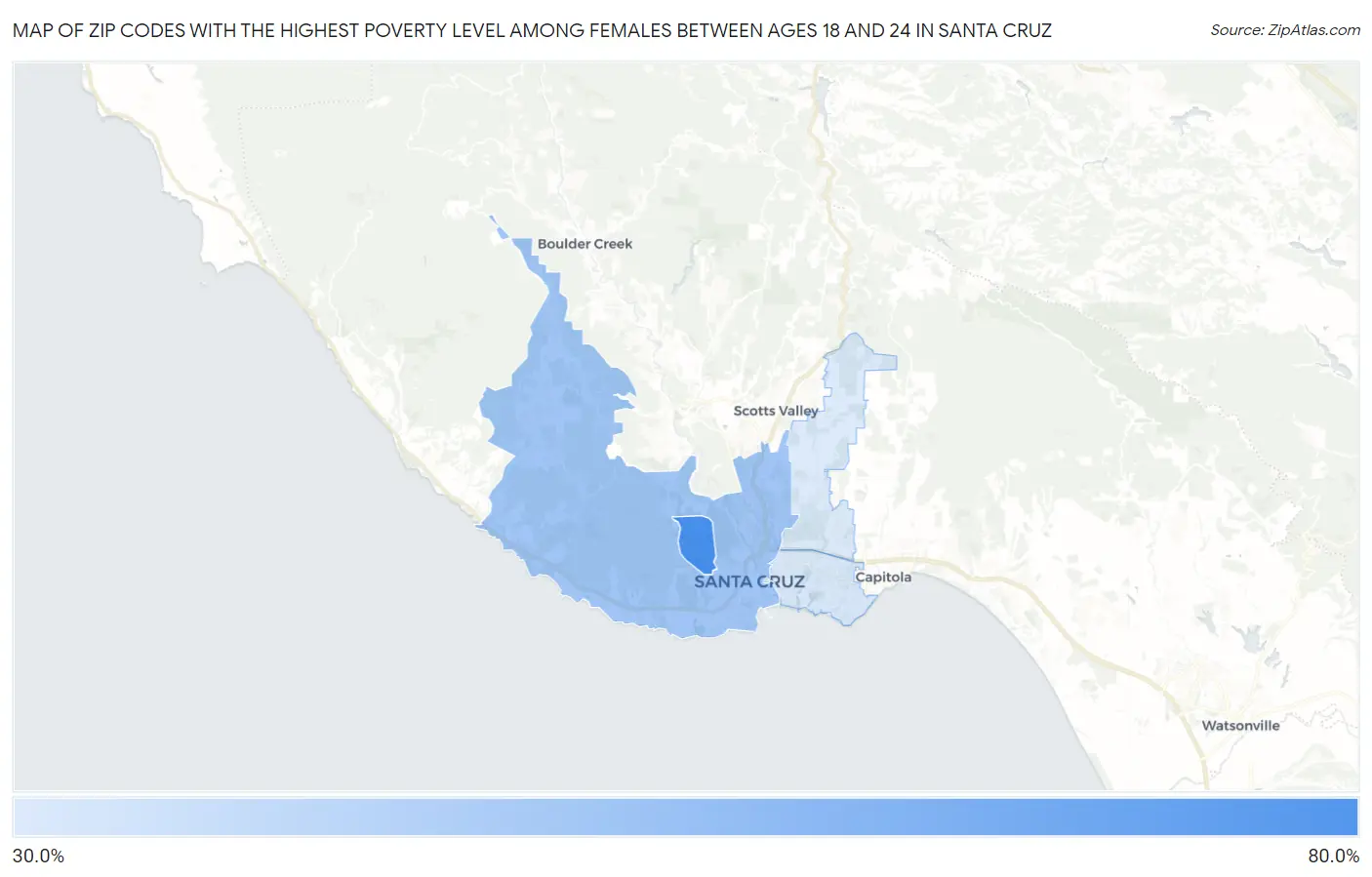 Zip Codes with the Highest Poverty Level Among Females Between Ages 18 and 24 in Santa Cruz Map
