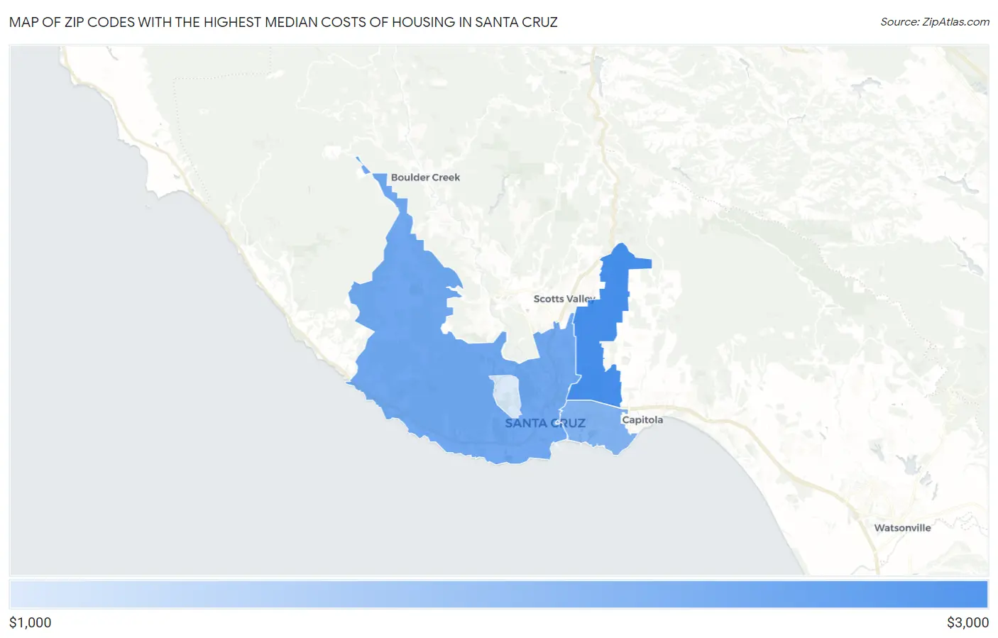 Zip Codes with the Highest Median Costs of Housing in Santa Cruz Map
