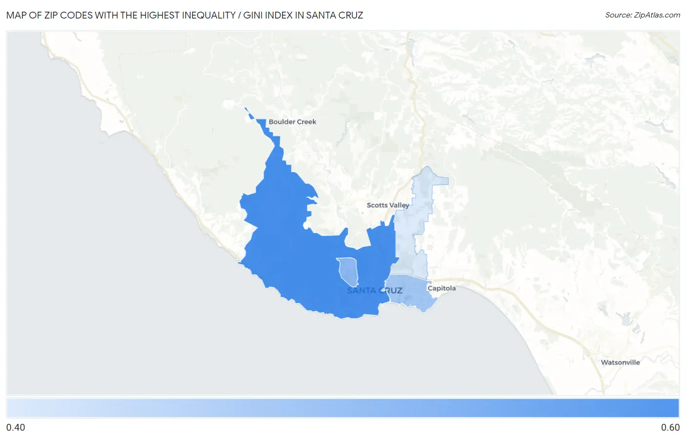 Zip Codes with the Highest Inequality / Gini Index in Santa Cruz Map