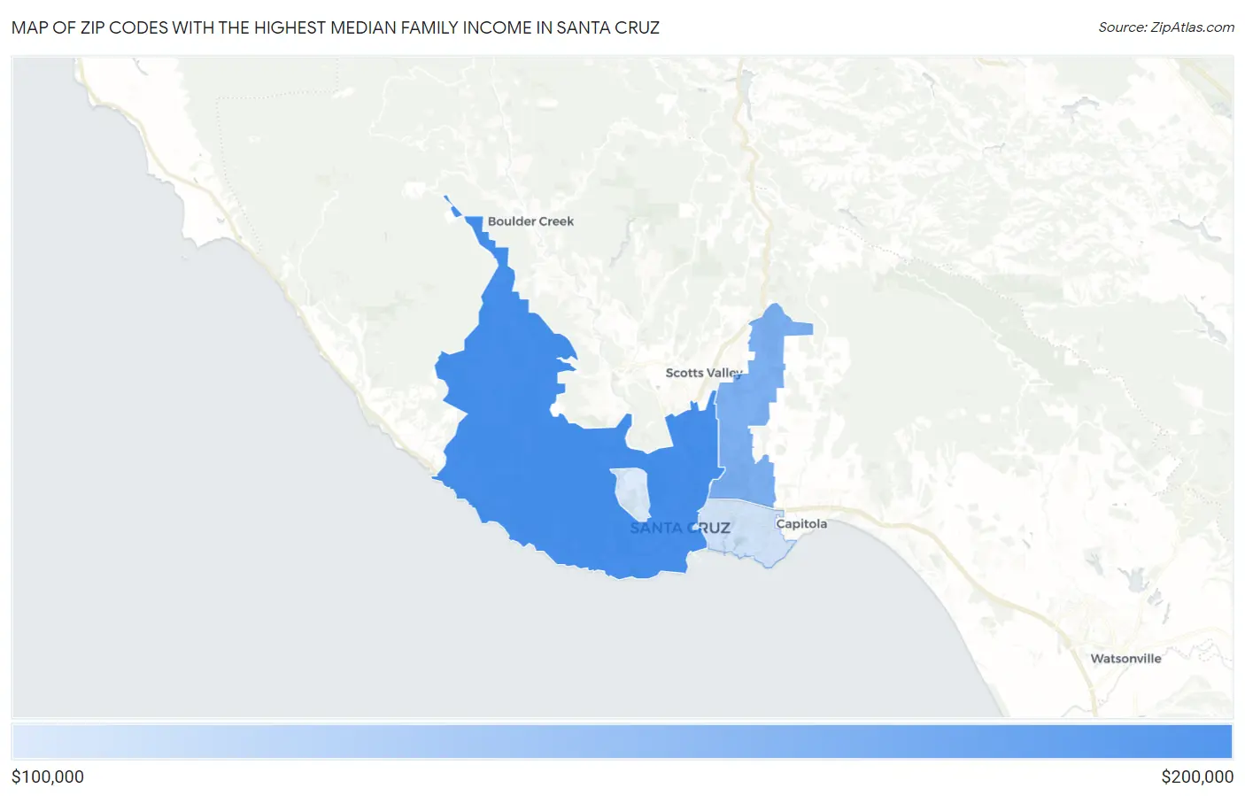 Zip Codes with the Highest Median Family Income in Santa Cruz Map