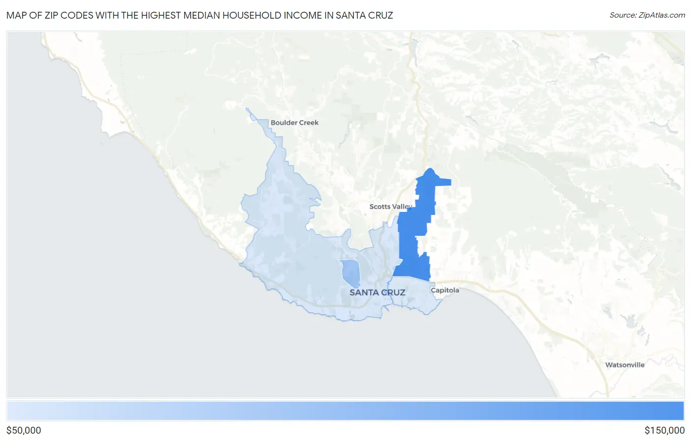 Zip Codes with the Highest Median Household Income in Santa Cruz Map