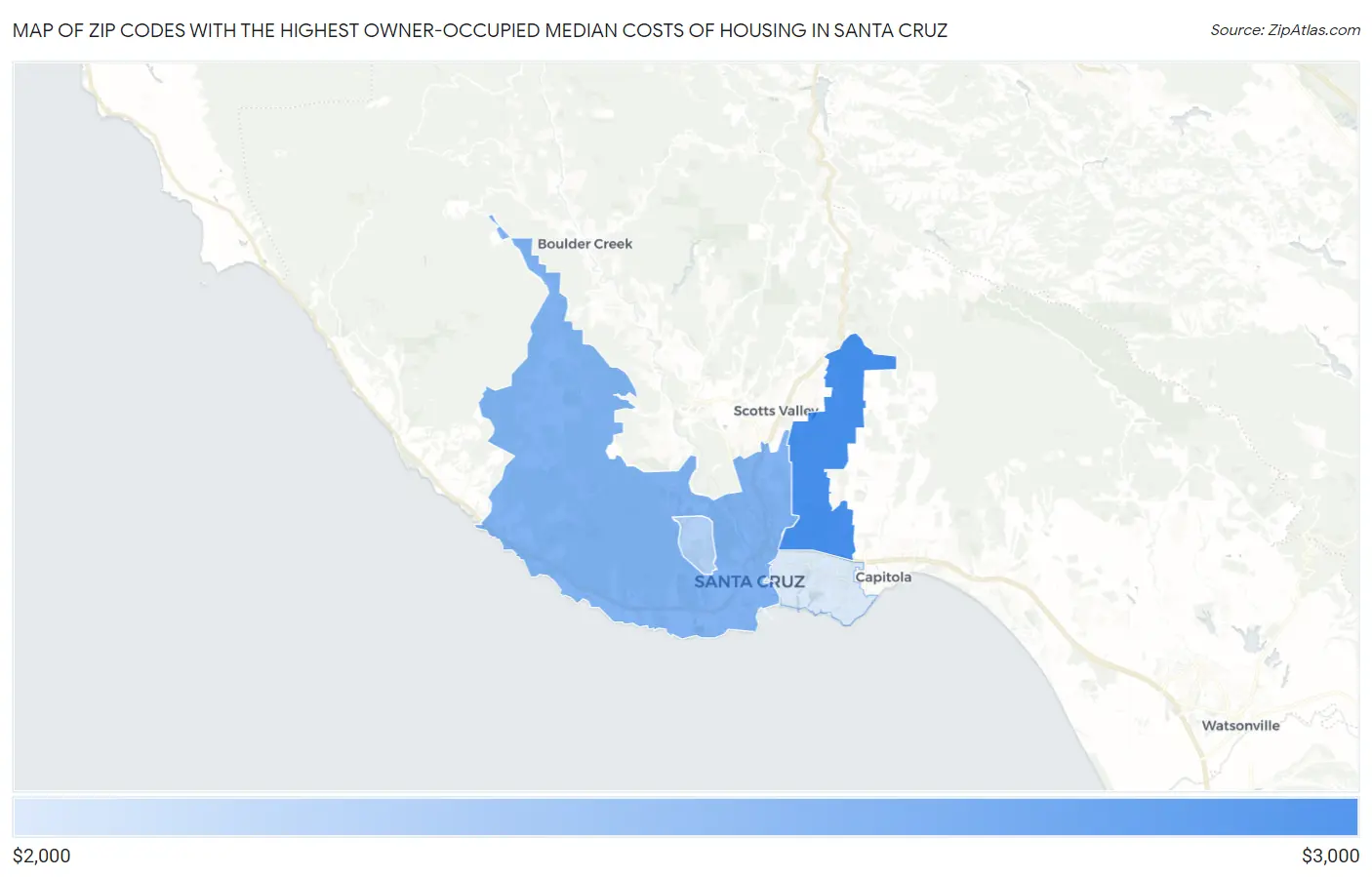 Zip Codes with the Highest Owner-Occupied Median Costs of Housing in Santa Cruz Map