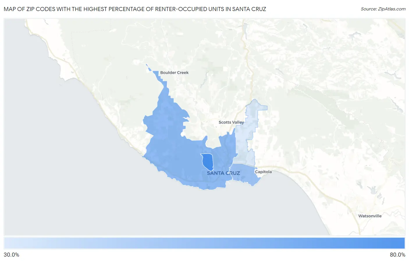 Zip Codes with the Highest Percentage of Renter-Occupied Units in Santa Cruz Map